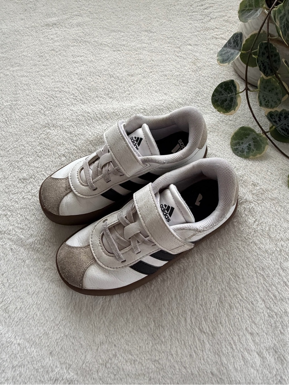 Adidas Kids Black and White Velcro Sneakers with Gum Bottom